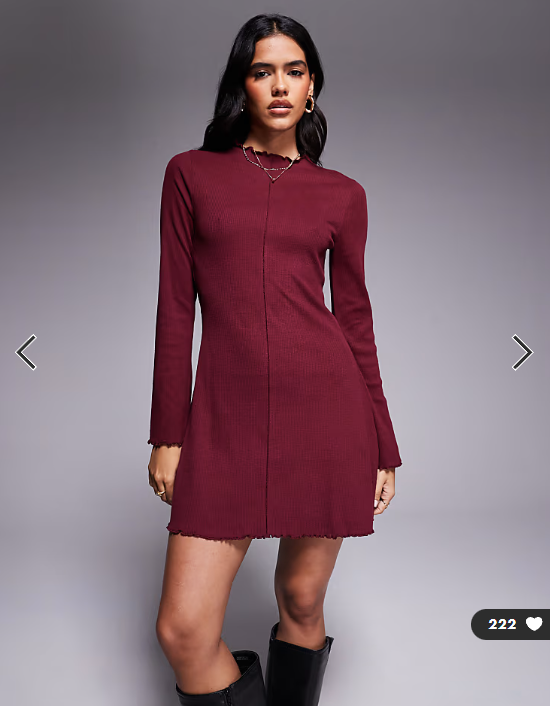 ASOS DESIGN ribbed long sleeve lettuce hem mini dress in burgundy