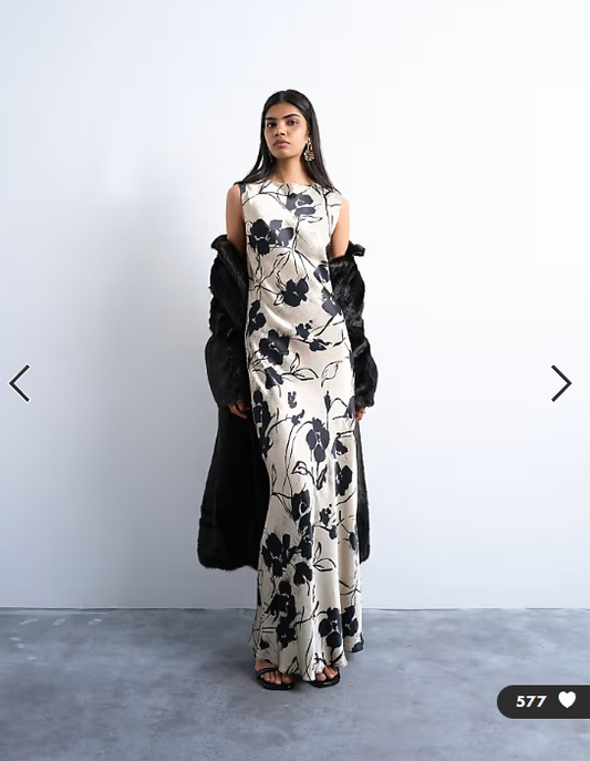 Topshop open back satin midi dress in black white floral