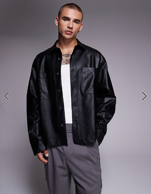ASOS DESIGN boxy oversized faux leather shirt in black