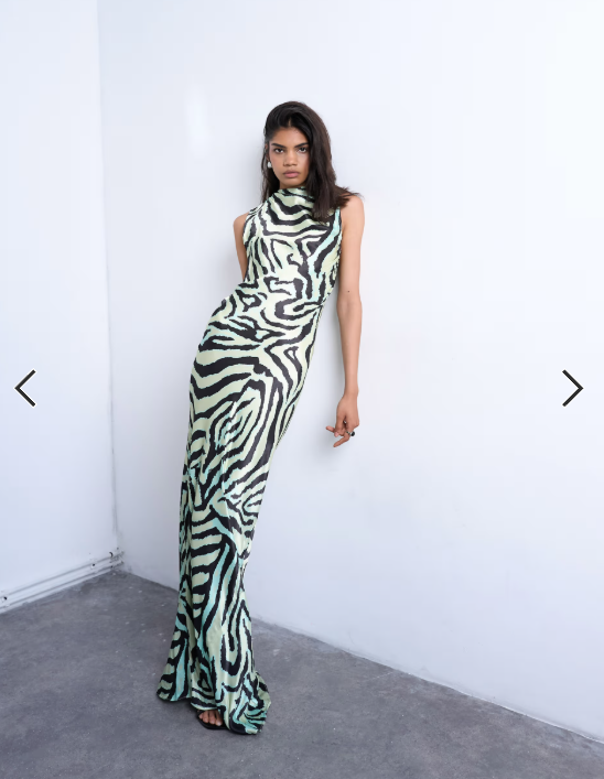 Topshop bias ruched arm hole maxi occasion dress in green zebra