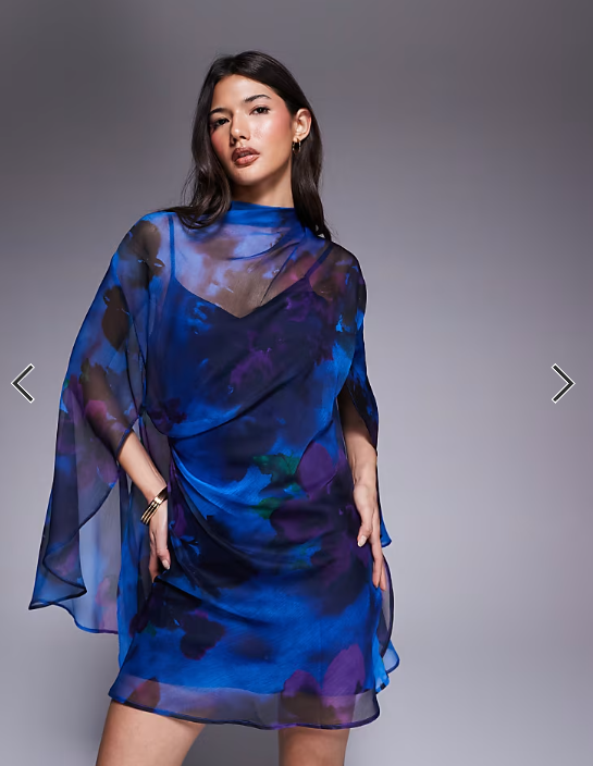 ASOS DESIGN high neck drape front extreme cape sleeve mini dress in blue floral