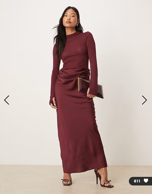 ASOS DESIGN Petite sheer high neck bodice drape satin maxi dress in berry