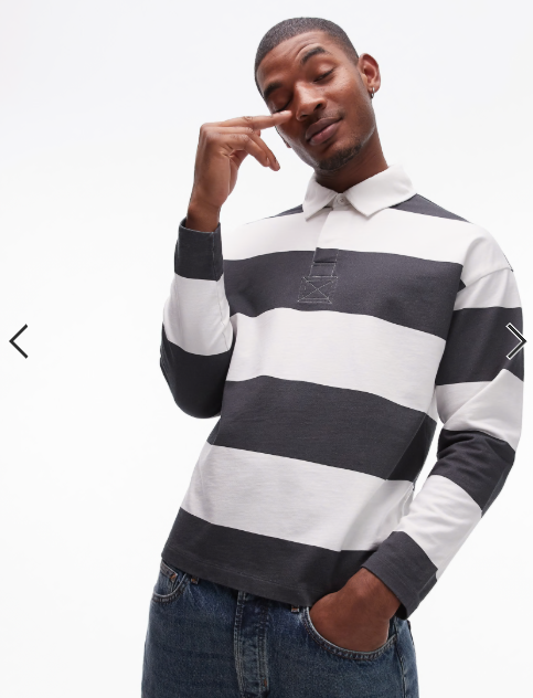 Topman relaxed fit striped polo shirt with woven collar in charcoal