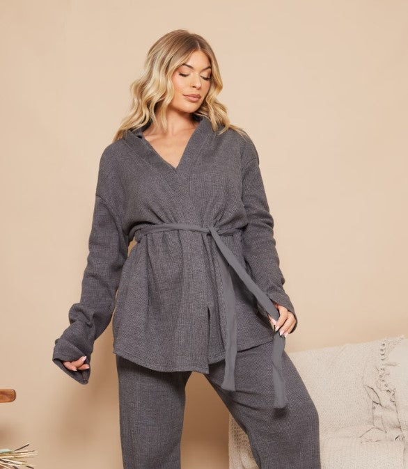 Charcoal Waffle Tie Waist Robe