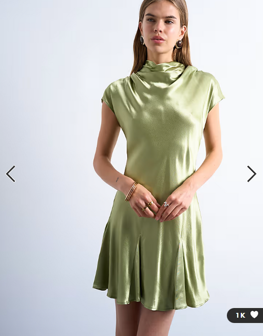 Topshop grown on sleeve satin dress in olive