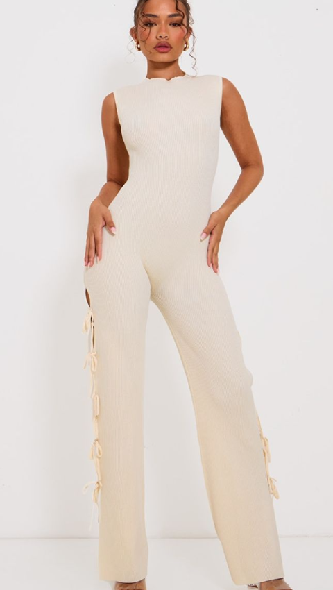 Petite Cream Rib Knit Open Back Tie Leg Detail Jumpsuit