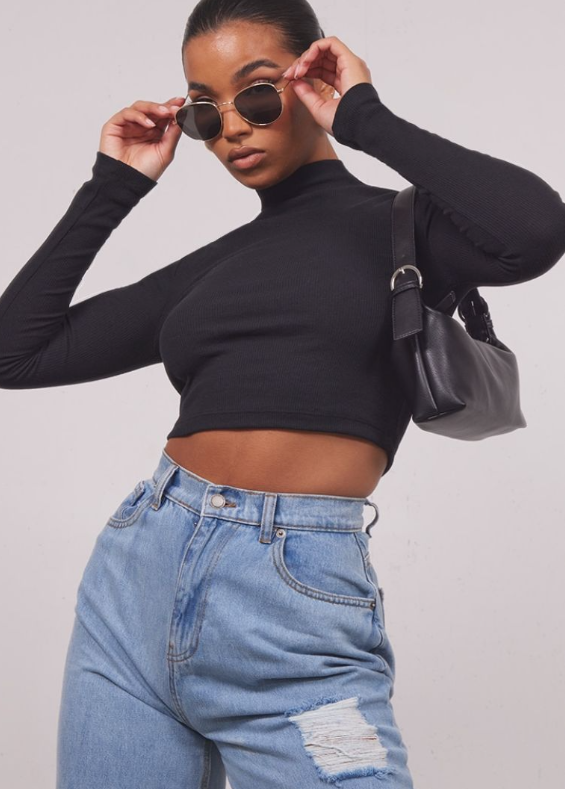 Recycled Black Rib High Neck Long Sleeve Crop