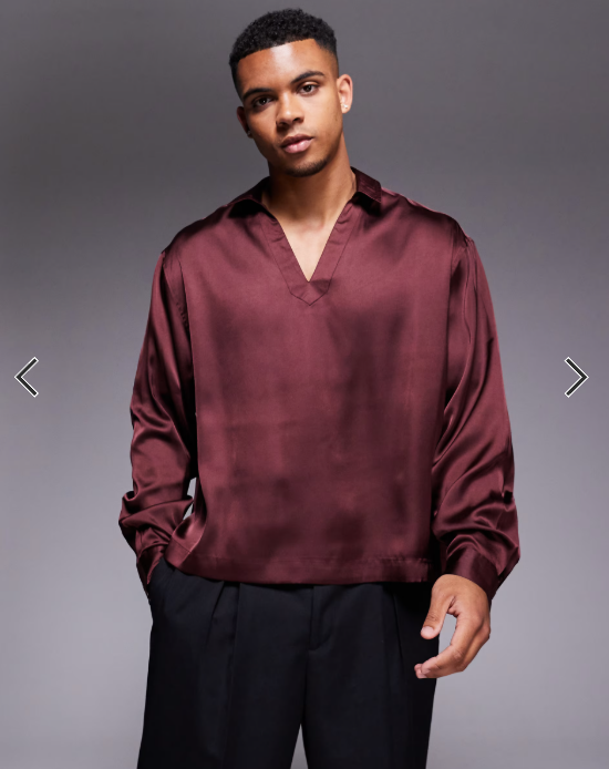 ASOS DESIGN boxy oversized overhead satin shirt in burgundy
