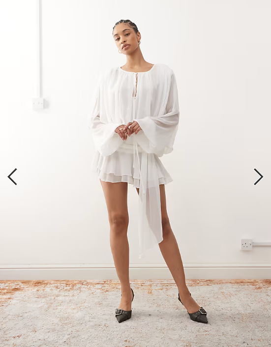 Lioness Elements petite chiffon drape detail balloon sleeve tie waist mini dress in white