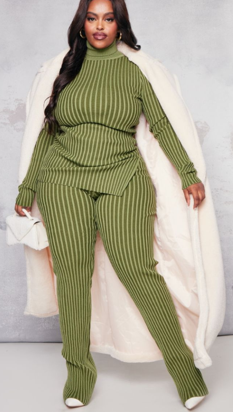 Plus Khaki Rib Knitted Trousers And Plus Khaki Roll Neck Rib Knitted Jumper set