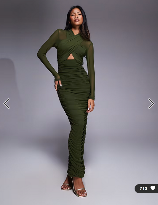 Bardot Aliyah wrap mesh midi dress in dark khaki