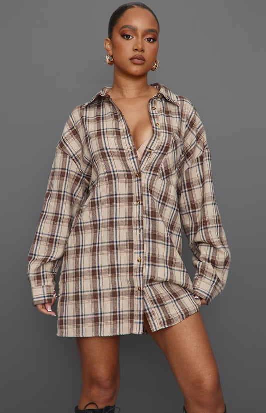 Petite Brown Check Brushed Flannel Oversized Curved Hem Shirt Dress