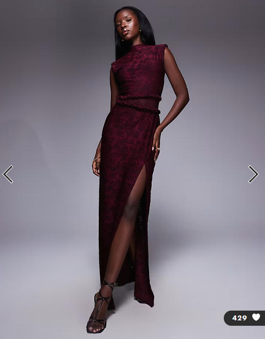 ASOS DESIGN high neck devore twist detail maxi dress with sheer panel in burgundy