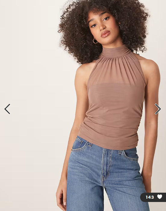 Abercrombie & Fitch mesh ruched halter neck top in taupe