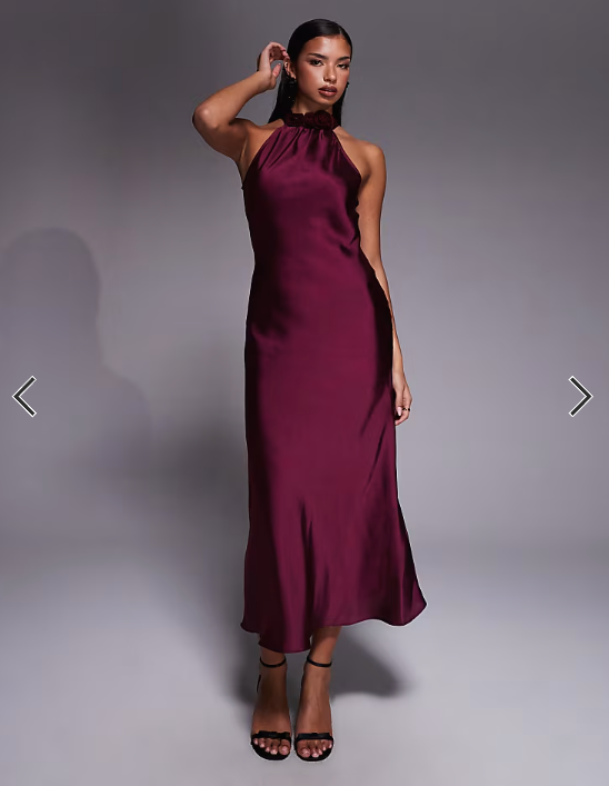New Look satin corsage detail halterneck midi dress in burgundy