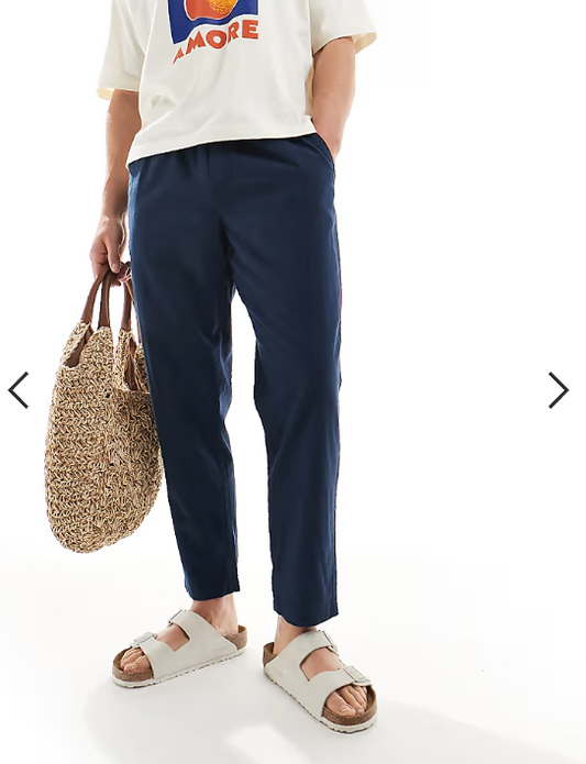 Jack & Jones slim tapered drawstring linen mix pants in navy