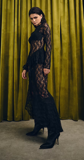 ASOS DESIGN lace long sleeve maxi dress ruffle skirt in black