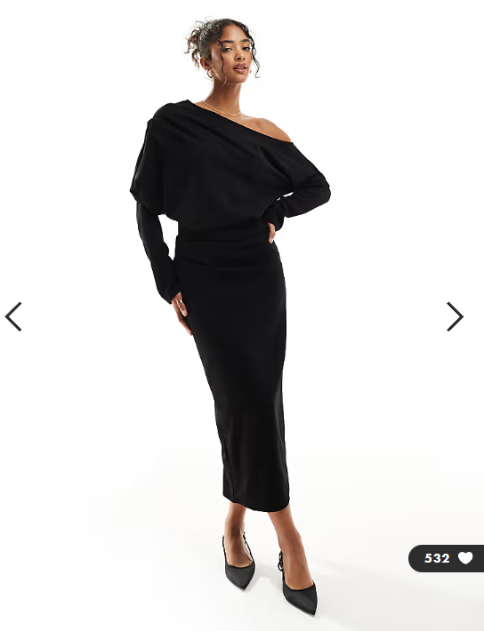 ASOS DESIGN slouchy fallen shoulder midi dress in black