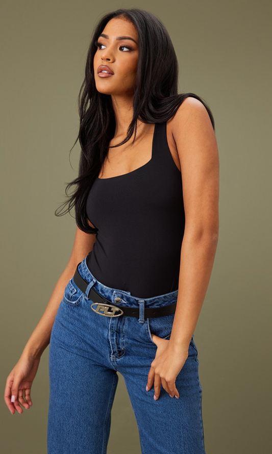 Tall Black Square Neck Slinky Highleg Bodysuit