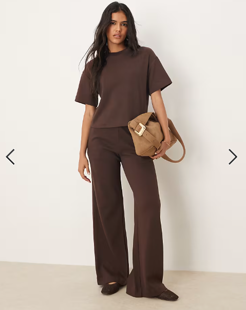 Mango cotton mix boxy t-shirt and straight leg trouser co-ord in brown