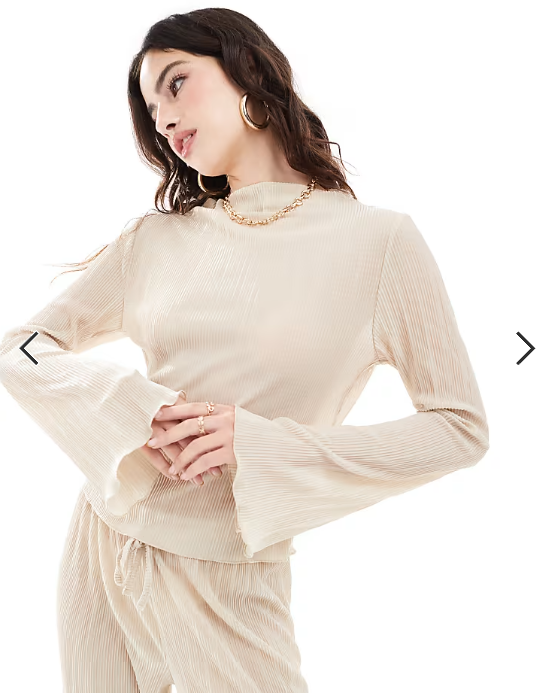 ASOS DESIGN plisse long sleeve top with fluted sleeves co ord in champagne