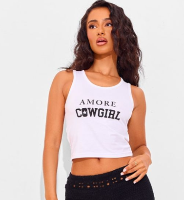 Petite White Amore Cowgirl Racer Crop Top