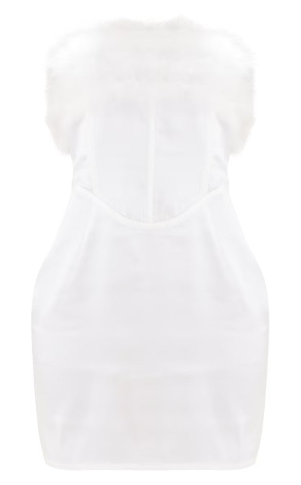 White Satin Corset Feather Trim Detail Bodycon Dress