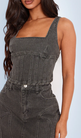 Petite Washed Grey Denim Seam Detail Corset Top | Petite
