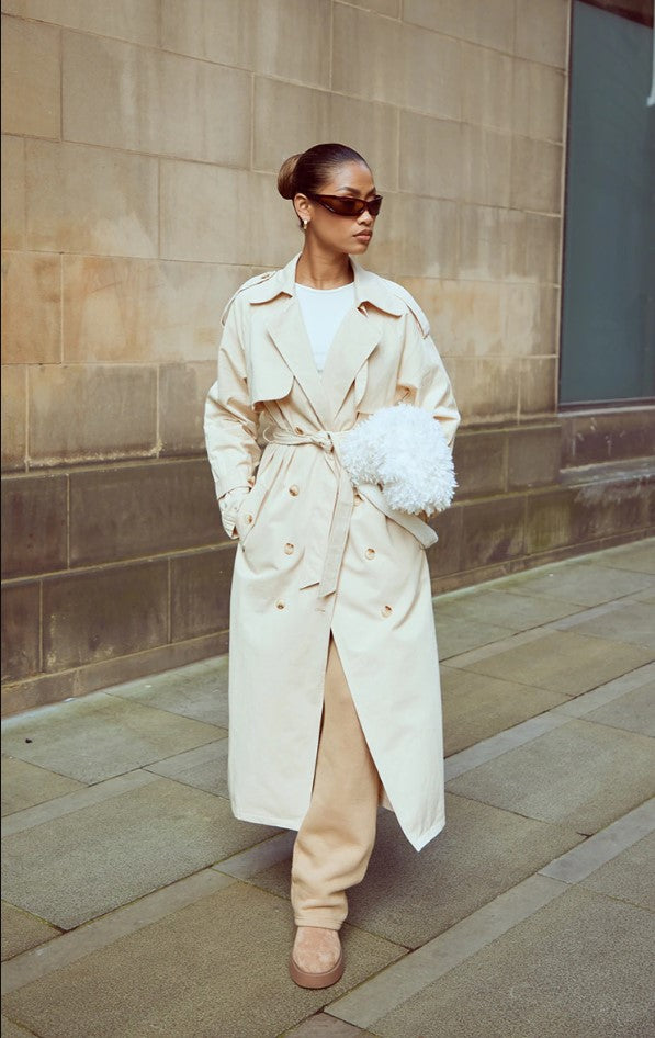 Stone Panel Detail Belted Trench Coat