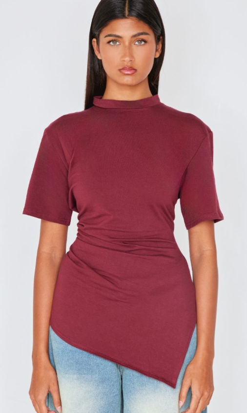 Burgundy Cotton Ruched Side Asymmetric Hem T-shirt
