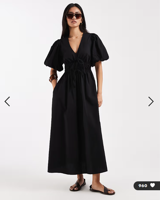 New Look puff sleeve v neck midi dress in black