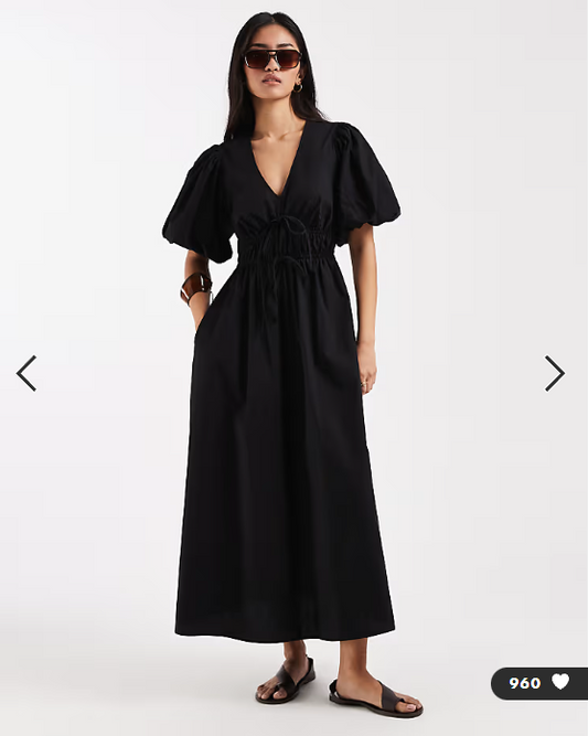 New Look puff sleeve v neck midi dress in black