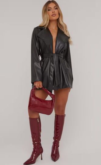 Tie Waist Detail Blazer Dress In Black Faux Leather