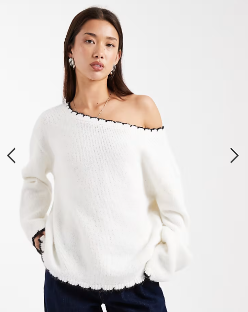 Miss Selfridge asym off the shoulder blanket stitch slouchy jumper in cream