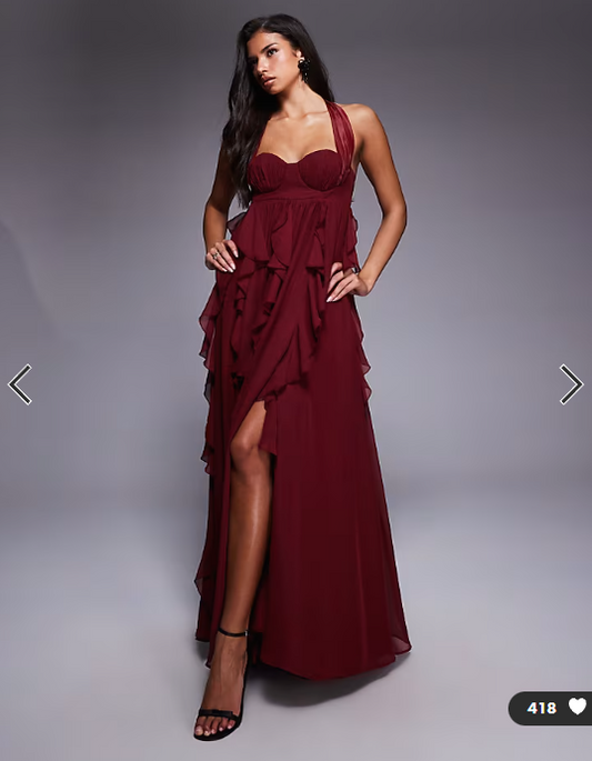 ASOS LUXE halter maxi dress with waterfall ruffles in berry