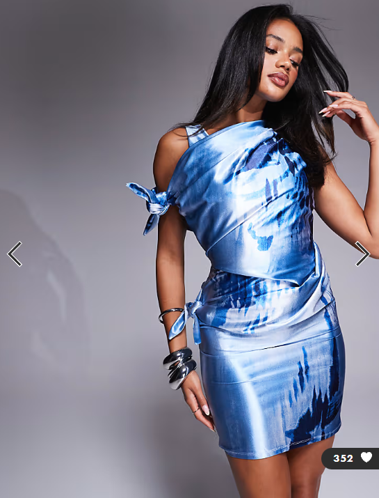 Asos - stretch satin draped knot detail mini dress in abstract print