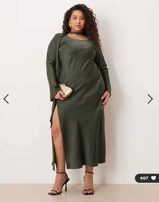 ASOS DESIGN Curve v neck scarf detail long sleeve maxi dress in dark green