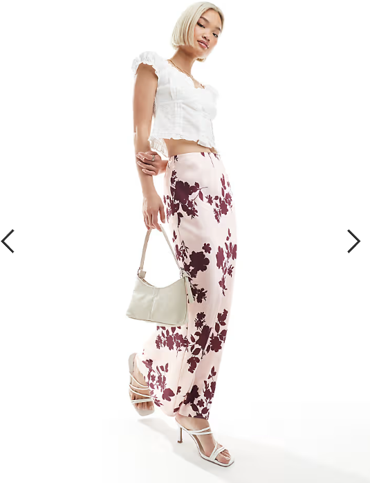 New Look floral satin midi skirt in pink