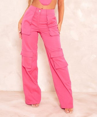 Hot Pink Woven Pocket Detail High Waist Cargo Trousers