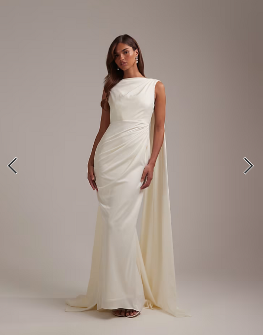 ASOS DESIGN slash neck wedding dress with draped back and scarf detail in ivory