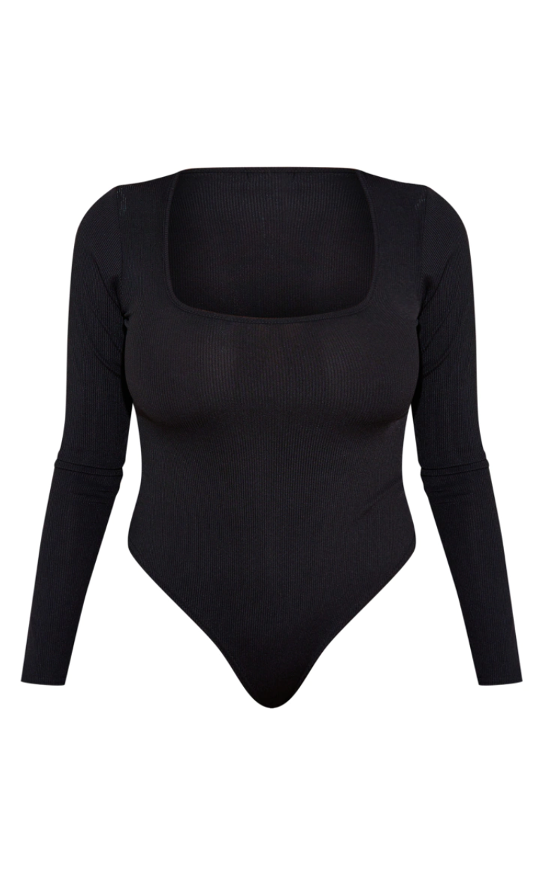 Shape Black Rib Long Sleeve Square Neck Bodysuit