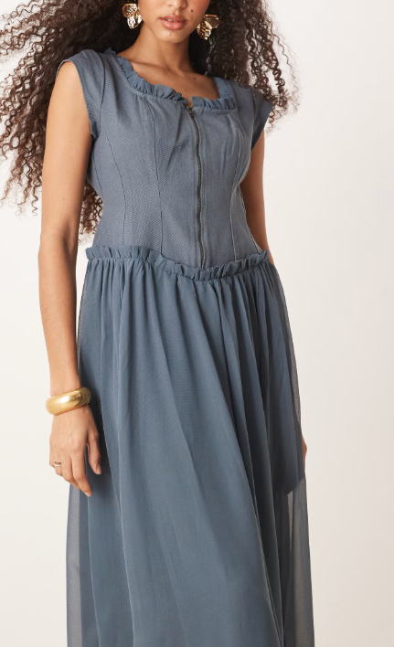 ASOS DESIGN zip through twill bodice midi dress in denim blue
