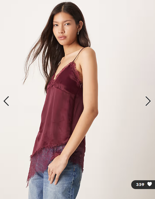 ASOS DESIGN satin lace trim asym hem cami top in plum