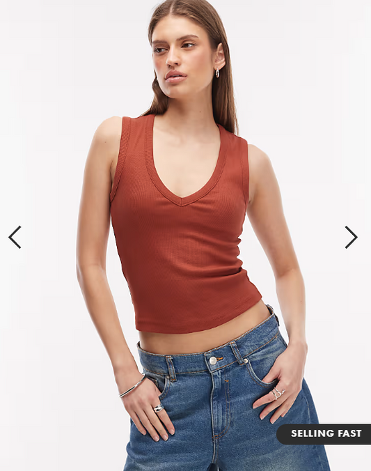 ASOS DESIGN ribbed v neck vest in rust