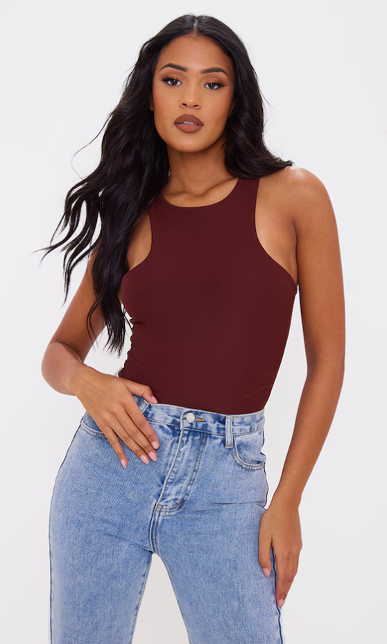 Tall Chocolate Soft Touch Racer Neck Bodysuit