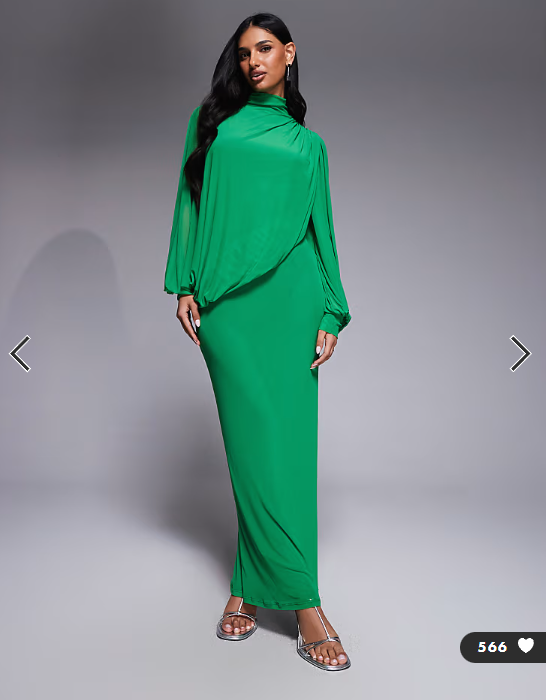 ASOS DESIGN modesty mesh wrap over draped blouson sleeve maxi high neck dress in green