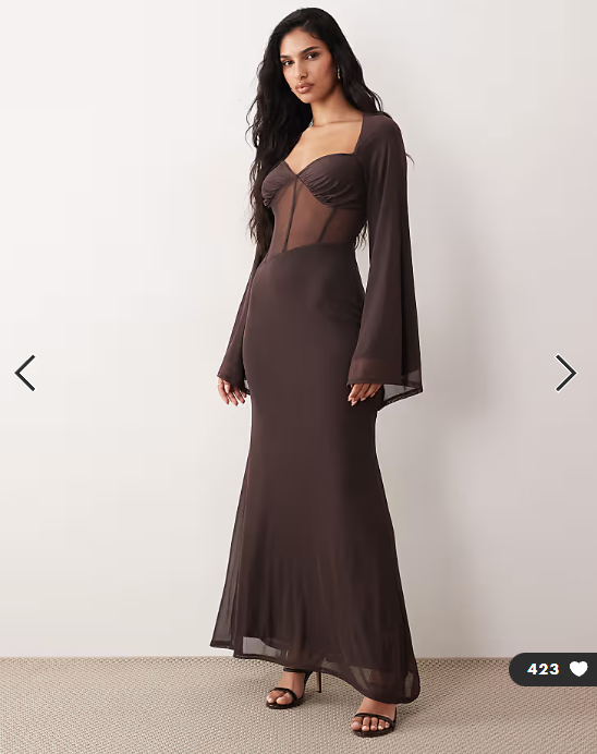 ASOS DESIGN mesh flute sleeve corset detail maxi dress in chocolate