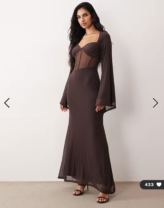 ASOS DESIGN mesh flute sleeve corset detail maxi dress in chocolate