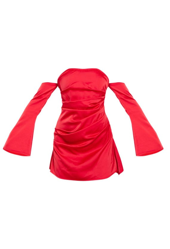 Red Satin Corset Bardot Ruched Long Sleeve Shift Dress