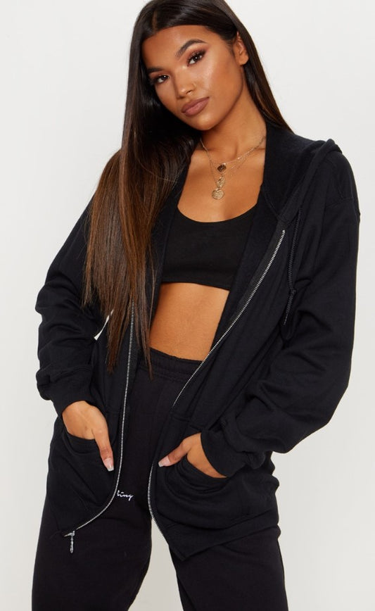 Black Oversized Zip Front Hoodie